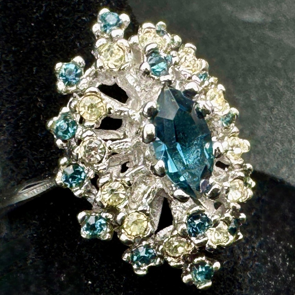 Vintage Joseph Esposito 18K HGE Blue Marquis Cut‎ Crystal Cluster Cocktail Ring